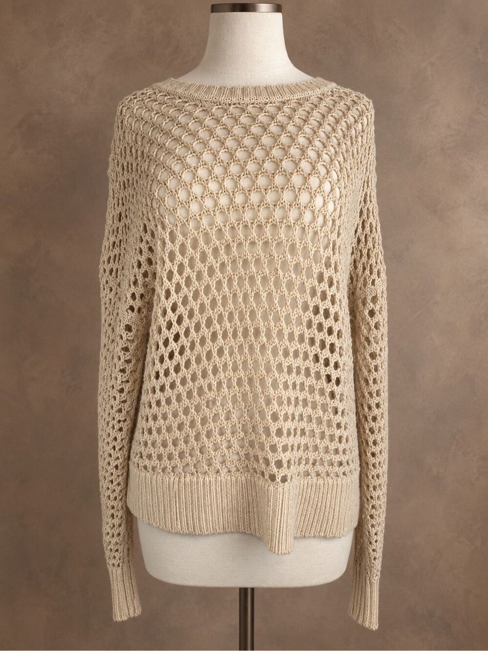 Old Navy Size M Cream Open Knit Crochet Long Sleeve Sweater